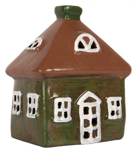 Keramický zelený svícen na čajovou svíčku ve tvaru domečku Woudenberg III – 12x9x14 cm