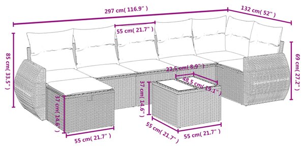 8dílná zahradní sedací souprava s poduškami šedá polyratan 3264136