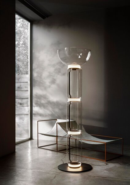 Flos F0266000 Noctambule F3 High Cylinders Bowl Big Base, stojací lampa ze skla se stmívačem, 4x9W + 1x18W LED 2700K, výška 190cm
