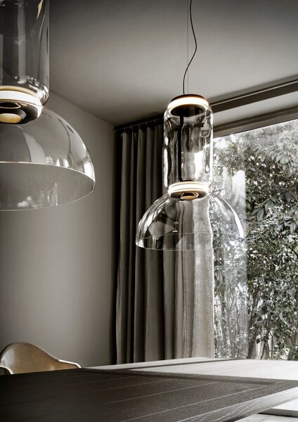 Flos F0263000 Noctambule S1 Low Cylinder and Bowl, závěsné svítidlo ze skla, 2x9W + 1x18W LED 2700K, výška 75cm