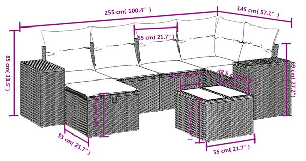 7dílná zahradní sedací souprava s poduškami černá polyratan 3264422
