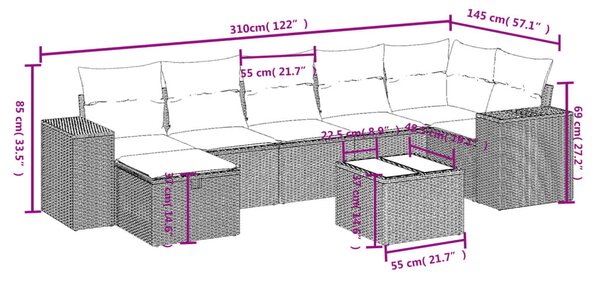 8dílná zahradní sedací souprava s poduškami šedá polyratan 3264446