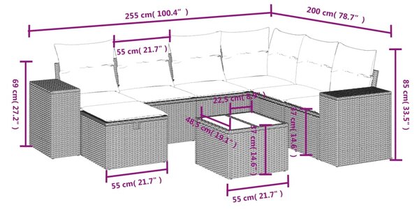 8dílná zahradní sedací souprava s poduškami šedá polyratan 3264466