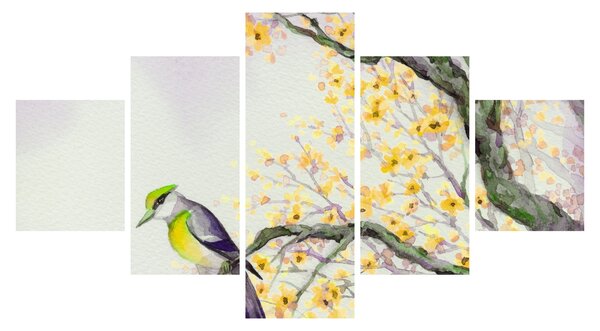 Obraz - Akvarelový ptáček na stromě (125x70 cm)