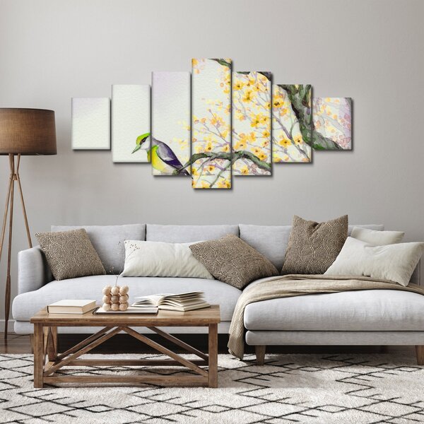 Obraz - Akvarelový ptáček na stromě (210x100 cm)
