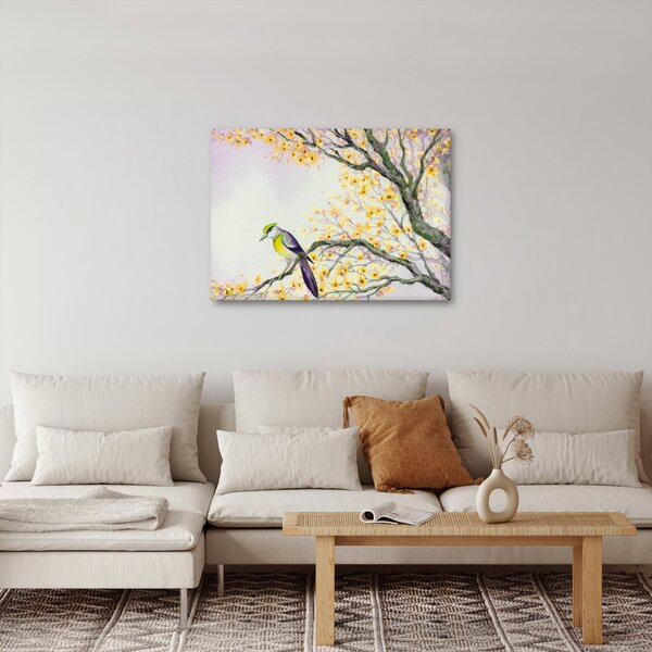 Obraz - Akvarelový ptáček na stromě (70x50 cm)