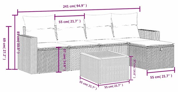 6dílná zahradní sedací souprava s polštáři šedá polyratan 3264834