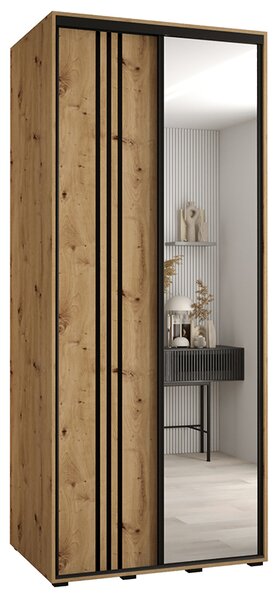 Šatní skříň s posuvnými dveřmi a zrcadlem DAVOS 7, 100cm | DUB Artisan / černé pojezdy