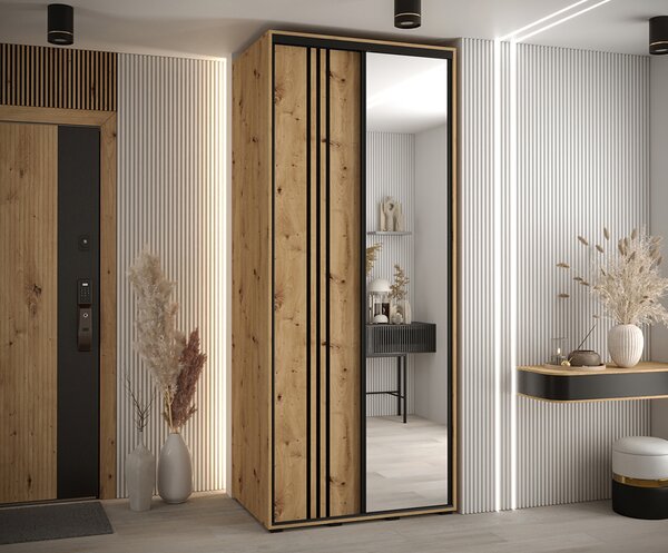 Šatní skříň s posuvnými dveřmi a zrcadlem DAVOS 7, 100cm | DUB Artisan / černé pojezdy