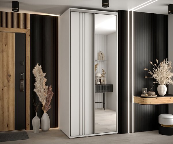 Šatní skříň s posuvnými dveřmi a zrcadlem DAVOS 7, 100cm | Bílá / stříbrné pojezdy