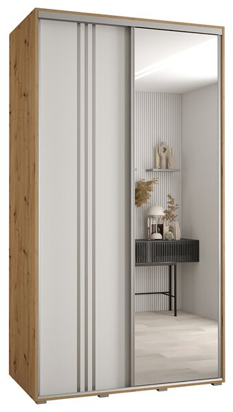 Šatní skříň s posuvnými dveřmi a zrcadlem DAVOS 7, 140cm | DUB Artisan / bílá / stříbrné