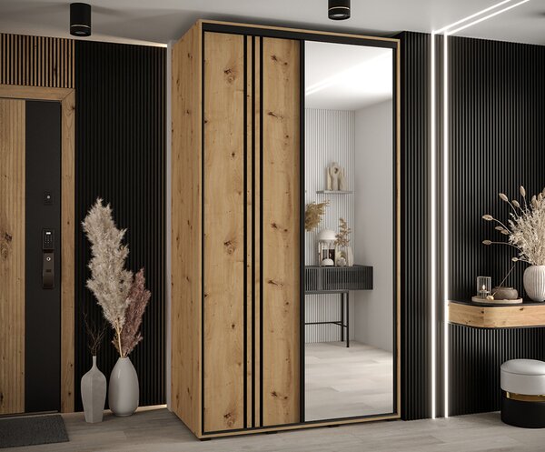 Šatní skříň s posuvnými dveřmi a zrcadlem DAVOS 7, 140cm | DUB Artisan / černé pojezdy