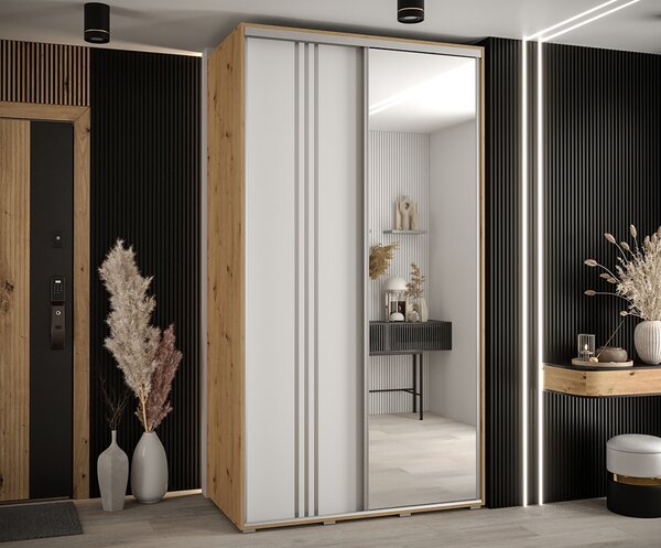 Šatní skříň s posuvnými dveřmi a zrcadlem DAVOS 7, 140cm | DUB Artisan / bílá / stříbrné