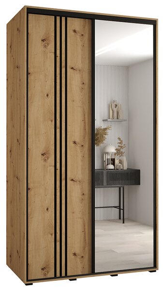 Šatní skříň s posuvnými dveřmi a zrcadlem DAVOS 7, 140cm | DUB Artisan / černé pojezdy