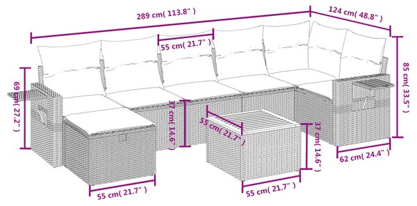 8dílná zahradní sedací souprava s poduškami šedá polyratan 3264959