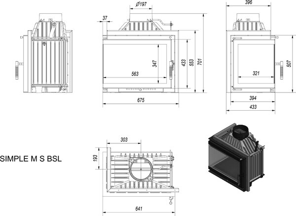 Litinová krbová vložka KRATKI SIMPLE levá 8 kW Ø 200