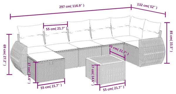 8dílná zahradní sedací souprava s poduškami šedá polyratan 3265071