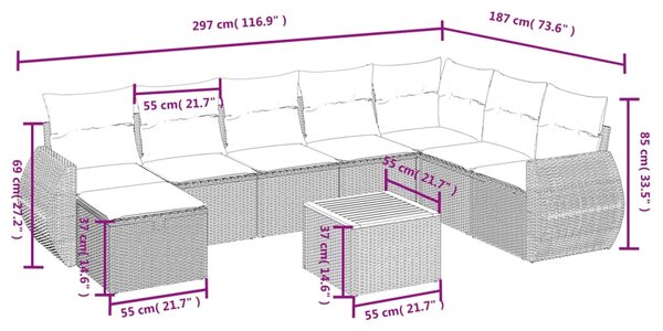 9dílná zahradní sedací souprava s poduškami béžová polyratan 3265097
