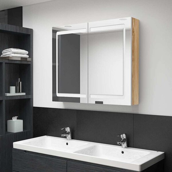 LED koupelnová skříňka se zrcadlem bílá a dub 80 x 12 x 68 cm 326516