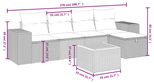 6dílná zahradní sedací souprava s poduškami černá polyratan 3265165