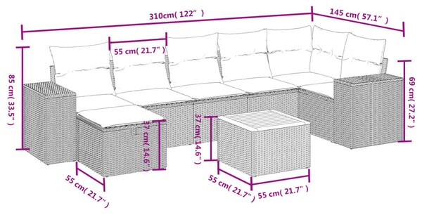 8dílná zahradní sedací souprava s poduškami šedá polyratan 3265183