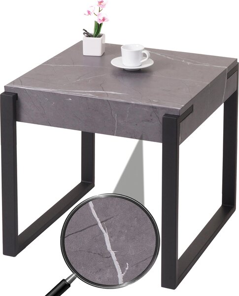 Odkládací stolek HWC-L53, noní stolek Konferenní stolek do obýváku, kov 51x50x54cm mramorový vzhled edý