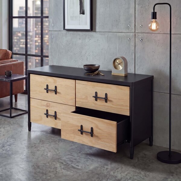 Komoda HWC-Q66, píborník, skíka, zásuvky v industriálním stylu 60 x 120 x 40 cm pírodní dřevo, erný kov