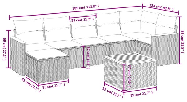 8dílná zahradní sedací souprava s poduškami šedá polyratan 3265323
