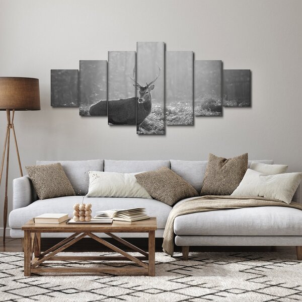 Obraz - Jelen v lese, černobílá (210x100 cm)