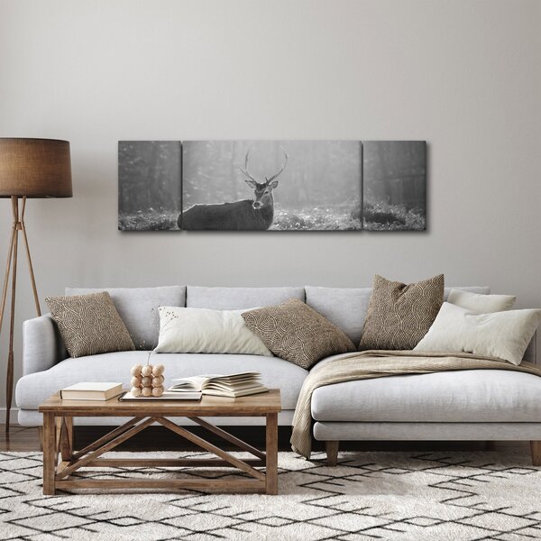 Obraz - Jelen v lese, černobílá (170x50 cm)