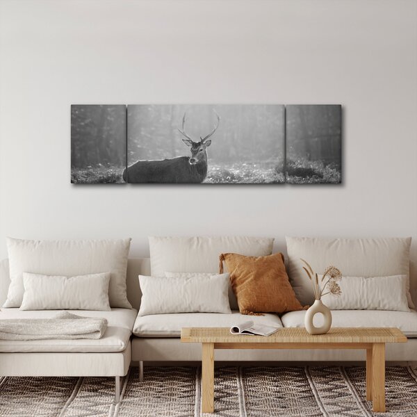 Obraz - Jelen v lese, černobílá (170x50 cm)