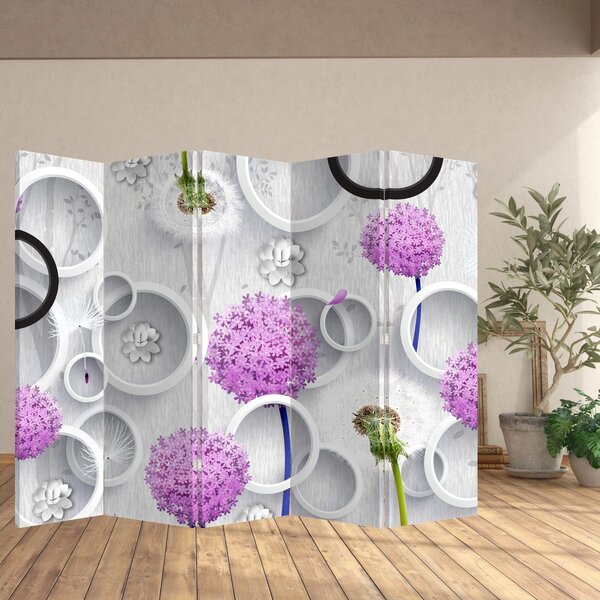 Paraván - 3D abstrakce s kruhy a květinami (210x170 cm)