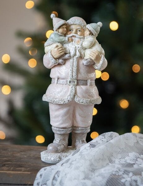 Růžová vánoční dekorace socha Santa s dětmi - 10*8*21 cm - Clayre & Eef