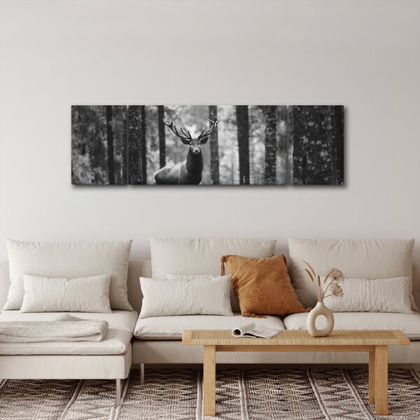 Obraz - Jelen v lese 2, černobílá (170x50 cm)