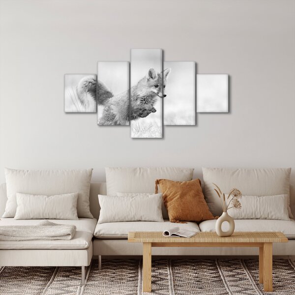 Obraz - Skákající liška, černobílá (125x70 cm)