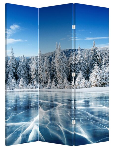 Paraván - Zamrzlé jezero a zasněžené stromy (126x170 cm)