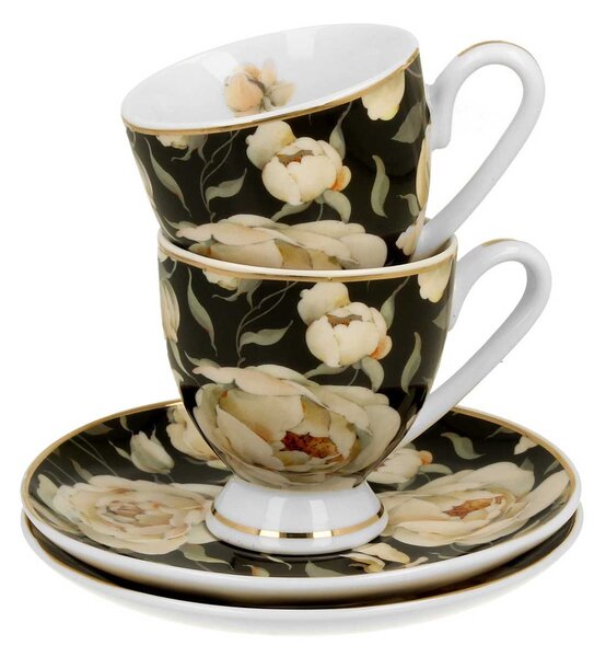 Porcelánový šálek na noze s podšálkem English Roses Black 90 ml sada 2ks BT