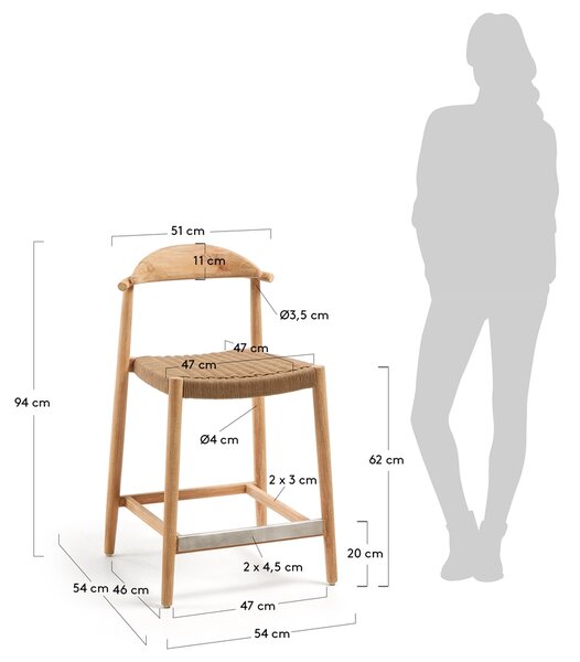 Kave Home Dřevěná barová židle Nina 62 cm s hnědým výpletem