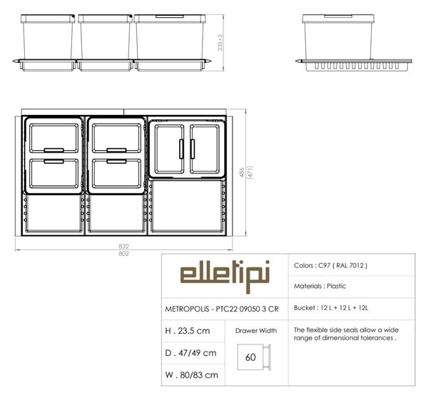 Vestavný odpadkový koš Elletipi METROPOLIS s víkem Flip-up/ do zásuvky/ 12+12+12 L