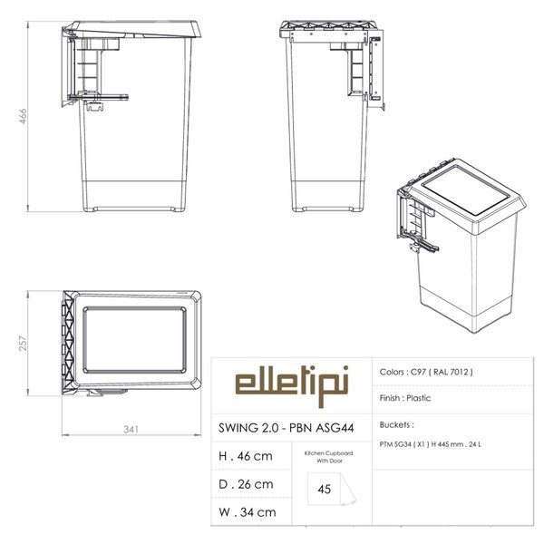 Vestavný odpadkový koš Elletipi SWING 2.0 - na dvířka, 24 L, PBN A SG44