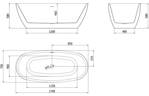 Mexen Luvo Slim volně stojící vana 170 x 75 cm, bílá, bílý přepad - 52801707500-20