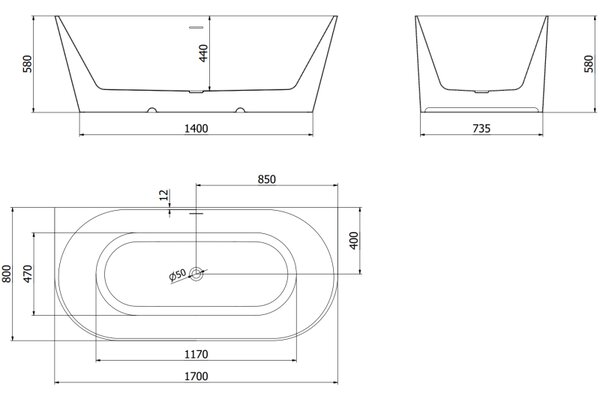 Mexen Oval Slim volně stojící přistěnná vana 170 x 80 cm, bílá, přepad černý - 52661708000-70