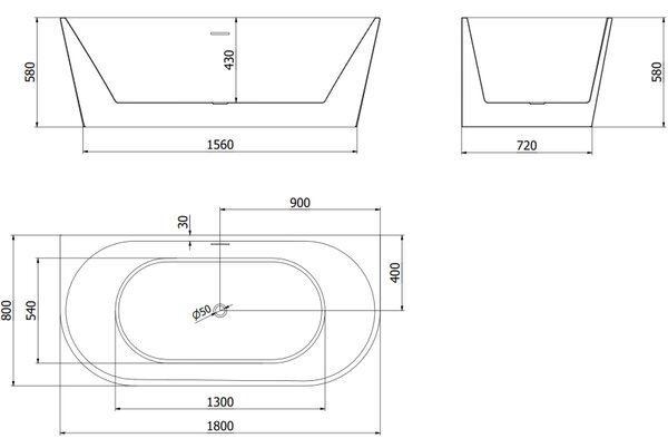 Mexen Oval volně stojící vanová vana u zdi 180 x 80 cm, bílá, černý přepad - 52671808000-70