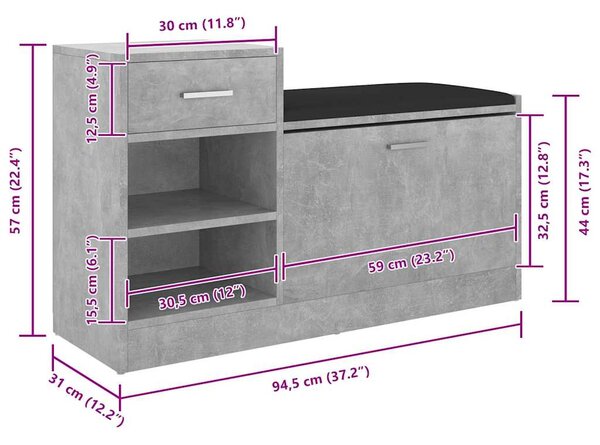 Lavice s botníkem betonově šedá 94,5 x 31 x 57 cm kompozit 326745