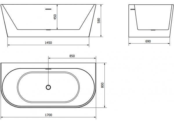 Mexen Oval+, volně stojící vana ke stěně 170 x 80 cm, bílá lesklá, broušená ocel, 52681708000-97