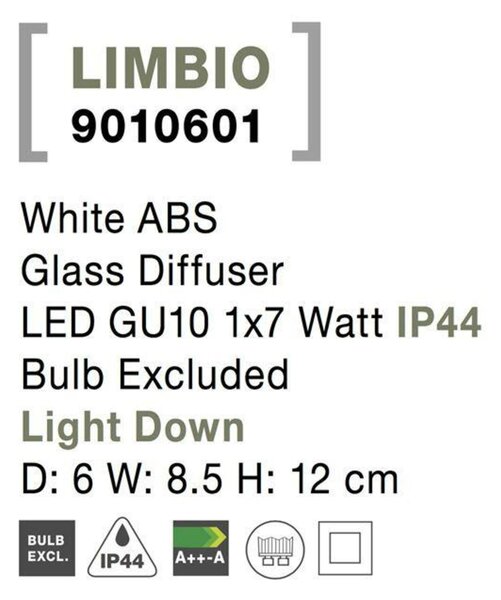 NOVA LUCE venkovní nástěnné svítidlo LIMBIO bílý ABS skleněný difuzor GU10 1x7W bez žárovky IP44 světlo dolů 9010601