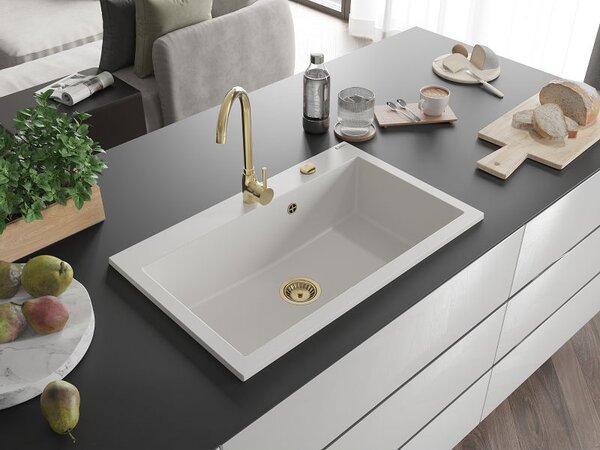 Mexen Elix granitový dřez 1-komorový 800 x 500 mm, bílý, zlatý sifon - 6527801005-20-G