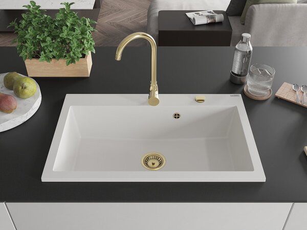 Mexen Elix granitový dřez 1-komorový 800 x 500 mm, bílý, zlatý sifon - 6527801005-20-G