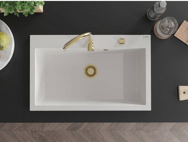 Mexen Elix granitový dřez 1-komorový 800 x 500 mm, bílý, zlatý sifon - 6527801005-20-G