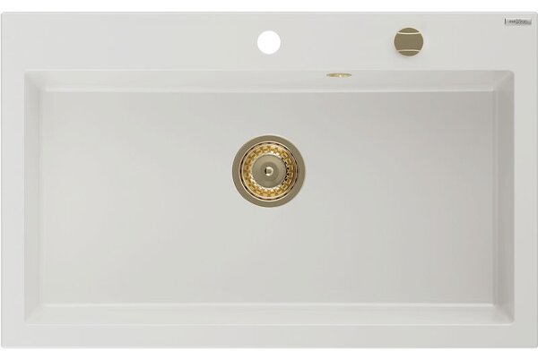 Mexen Elix granitový dřez 1-komorový 800 x 500 mm, bílý, zlatý sifon - 6527801005-20-G